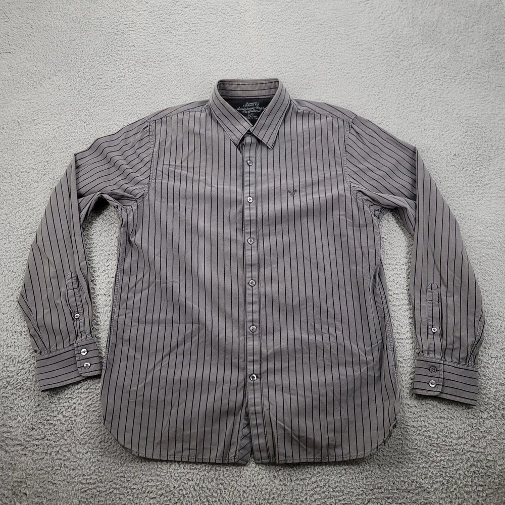 American Eagle Shirt Mens Large Gray striped Button Up‎ Vintage Fit Logo Classic